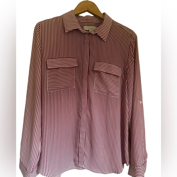 LOFT Women’s Stripped Dress Shirt Maroon and White Size L - Picture 10 of 10